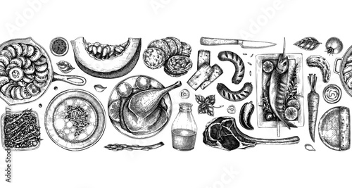 Farm food border design. Hand drawn vector illustrations. Rustic kitchen engraved style chalk drawings. Food seamless pattern. NOT AI generated.