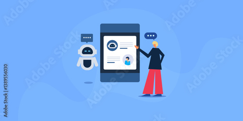 Automate conversational marketing, customer having a dialogue with AI chatbot using mobile device in real time. 