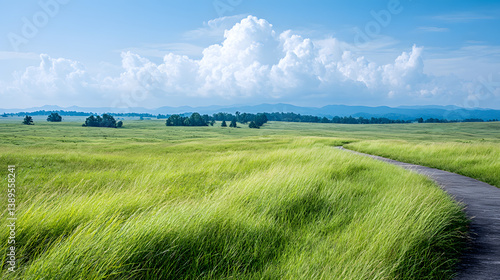 Obraz na płótnie A vibrant illustration of a vast countryside field, with rolling hills, green grass, and a clear blue sky, evoking a sense of peace and natural beauty.
w salonie
