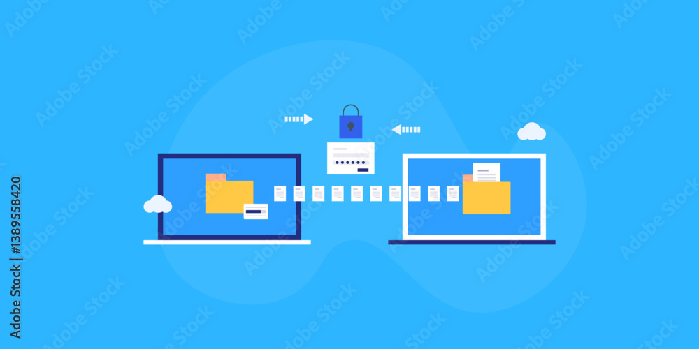 Secure file transfer, data exchange between two digital device laptops using encrypted network connection, data security concept. Secure file transfer, data exchange between two digital device laptops using encrypted network connection, data security concept.