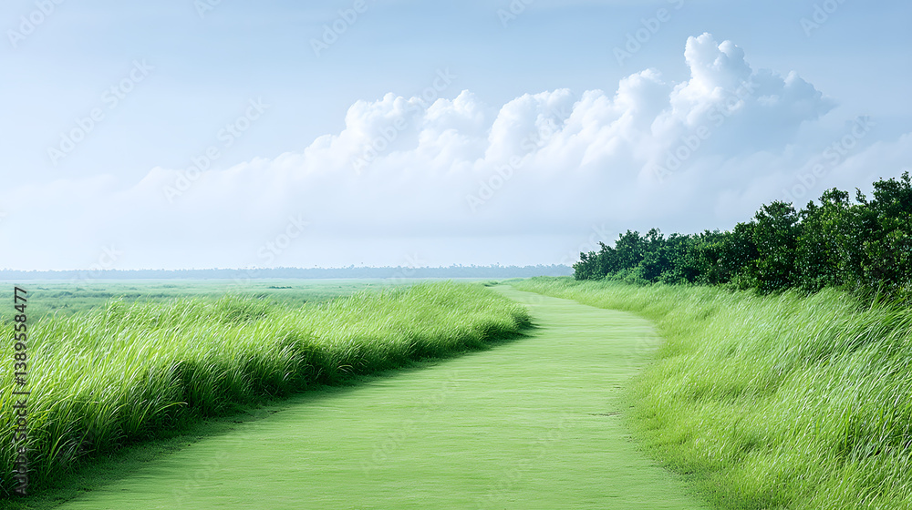 A vibrant illustration of a vast countryside field, with rolling hills, green grass, and a clear blue sky, evoking a sense of peace and natural beauty.