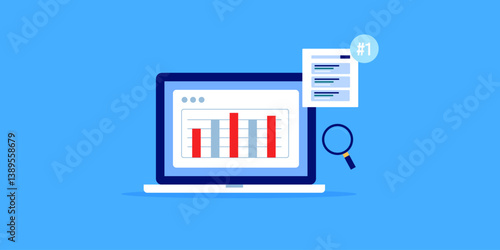 Web traffic weekly report graph display on laptop screen, search engine ranking, website position on SERP page.