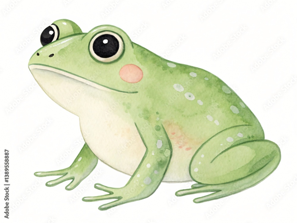 Fototapeta premium Adorable Green Frog Illustration Watercolor Style Amphibian Animal Cute Cartoon Character Design