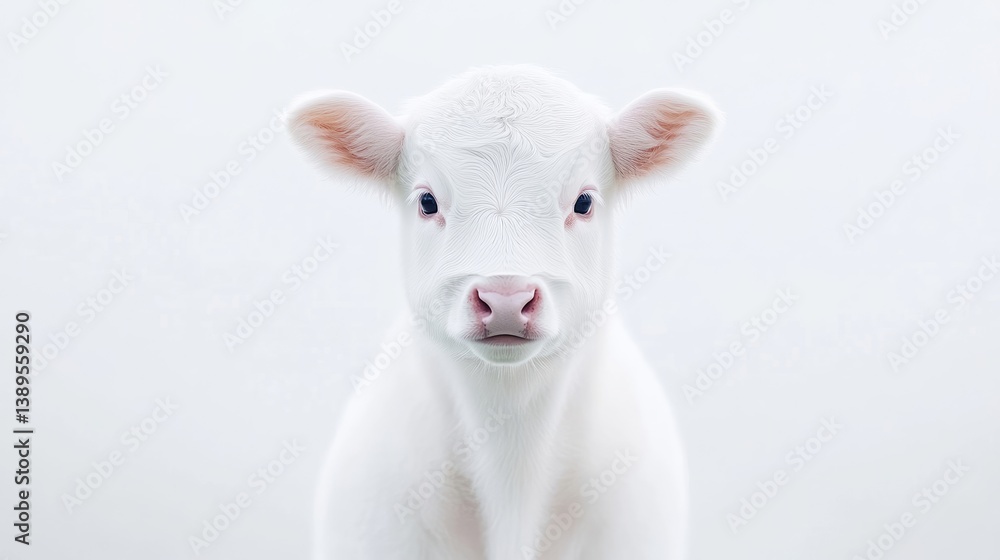 Fototapeta premium White Calf Minimalist Portrait Style High-Resolution Soft Lighting Frontal Close-up View Pure White Fur Gentle Gaze White Background Serene Mood Ideal for Animal Prints