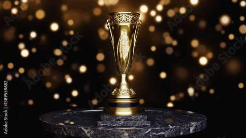 A gleaming golden trophy stands proudly on a sleek black base, illuminated by dazzling lights that celebrate victory, excellence, and achievement.

