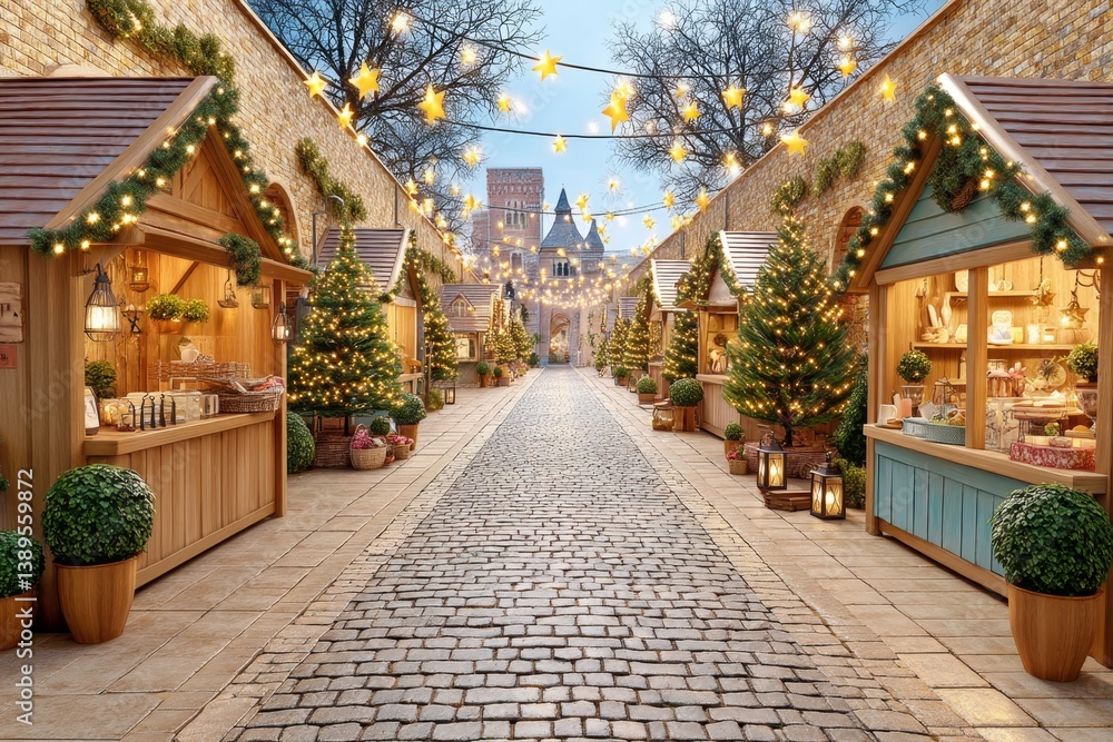 Fototapeta premium An outdoor Christmas market with glowing lights, gift stalls, and people shopping