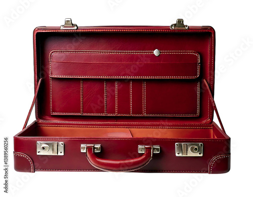 Elegant maroon leather briefcase open, showcasing its interior compartments.  A classic symbol of business, travel, and opportunity. Ideal for concepts of success, journey, or new beginnings.