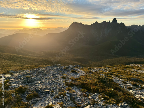 Sunset behind Mt Rugby and Federation Peak, Southwest Tasmania