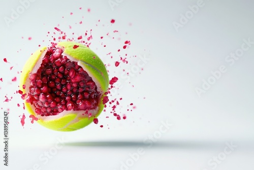 Brightly colored tennis ball bursts open, revealing juicy pomegr