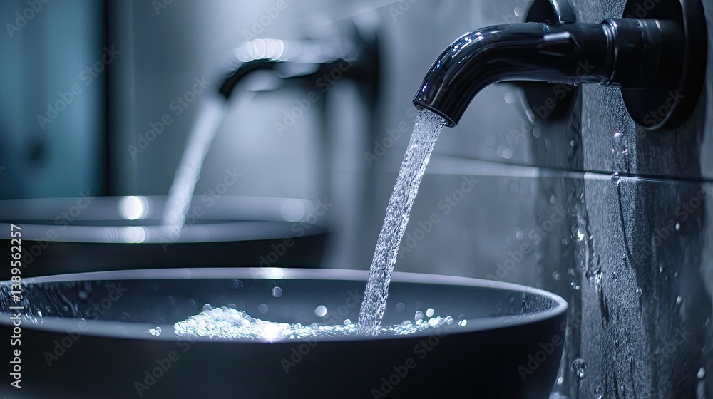 Water flows from a black faucet into a modern sink Water flows from a black faucet into a modern sink