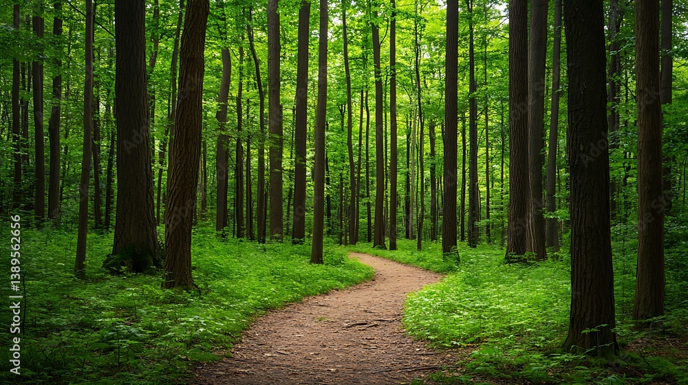 Fototapeta premium Lush green forest with winding trail.