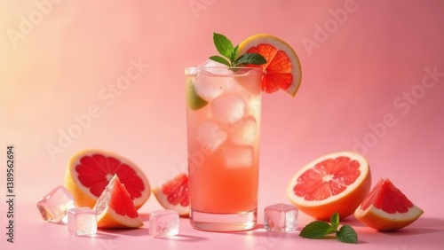 Refreshing Pink Citrus Beverage with Ice Cubes and Mint Garnish on a Pink Background