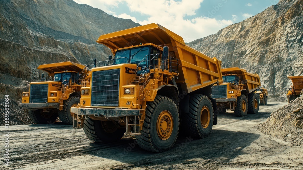 Line of gigantic yellow mining trucks at a excavation site, daytime scene Line of gigantic yellow mining trucks at a excavation site, daytime scene