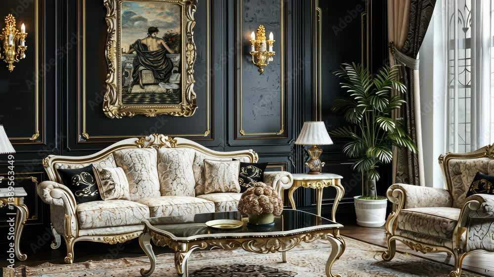 Elegant living room with classical furniture and luxurious fabrics