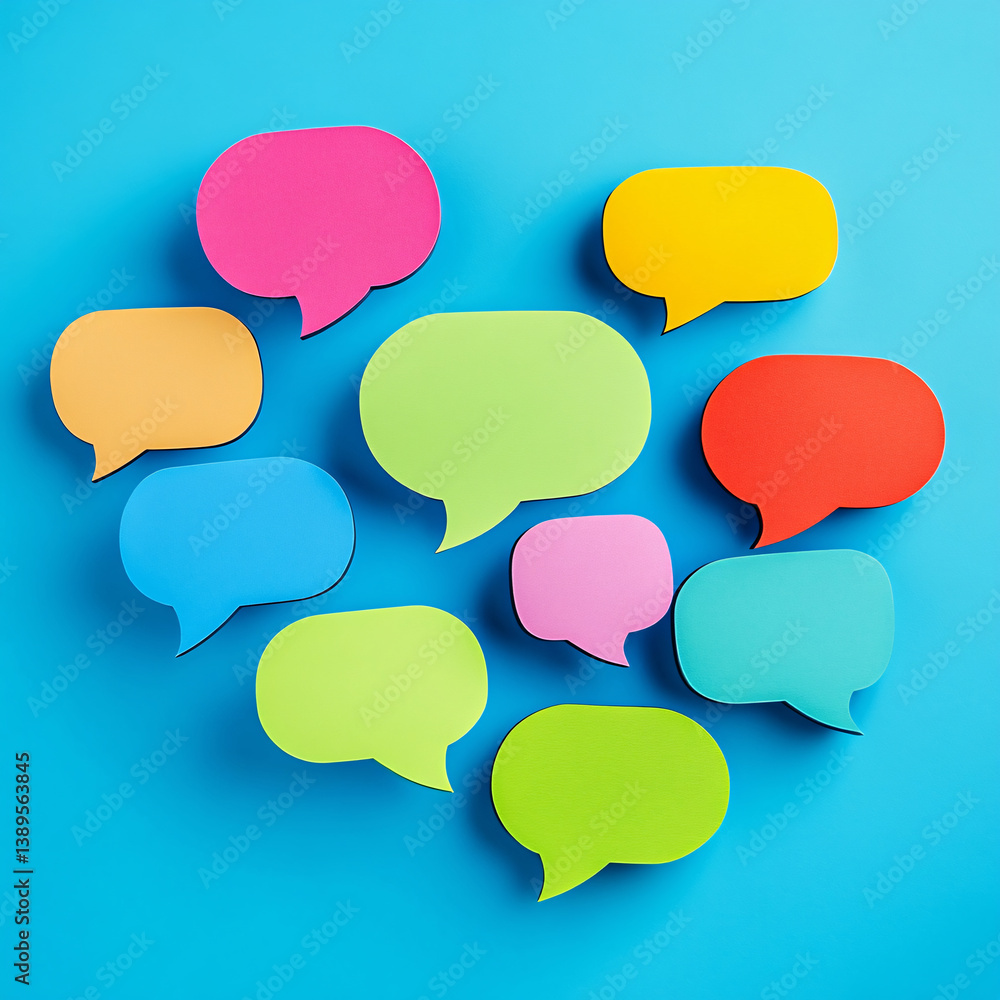 several speech bubbles in different colors on a blue background. icons and remarks. Free space for text or image. Concept of online communication or communications several speech bubbles in different colors on a blue background. icons and remarks. Free space for text or image. Concept of online communication or communications