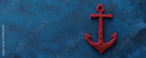 A vibrant blue background features a textured red anchor made from small particles, symbolizing stability and maritime themes.