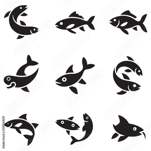 Set of Vector Black silhouette flock of fish. Element for your design. Logo template. with white background