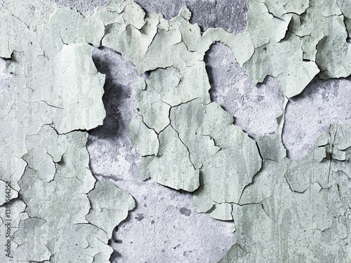 Peeling paint on the wall. Old concrete wall with cracked flaking paint. Weathered rough painted surface with patterns of cracks and peeling. Grunge texture for background and design.