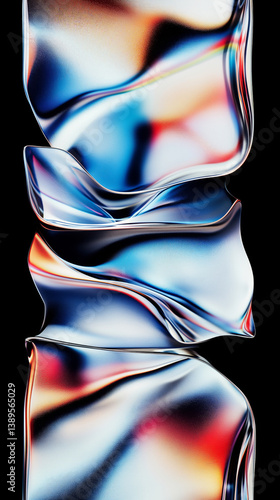 Abstract metallic waves in vibrant blue and red hues on black background