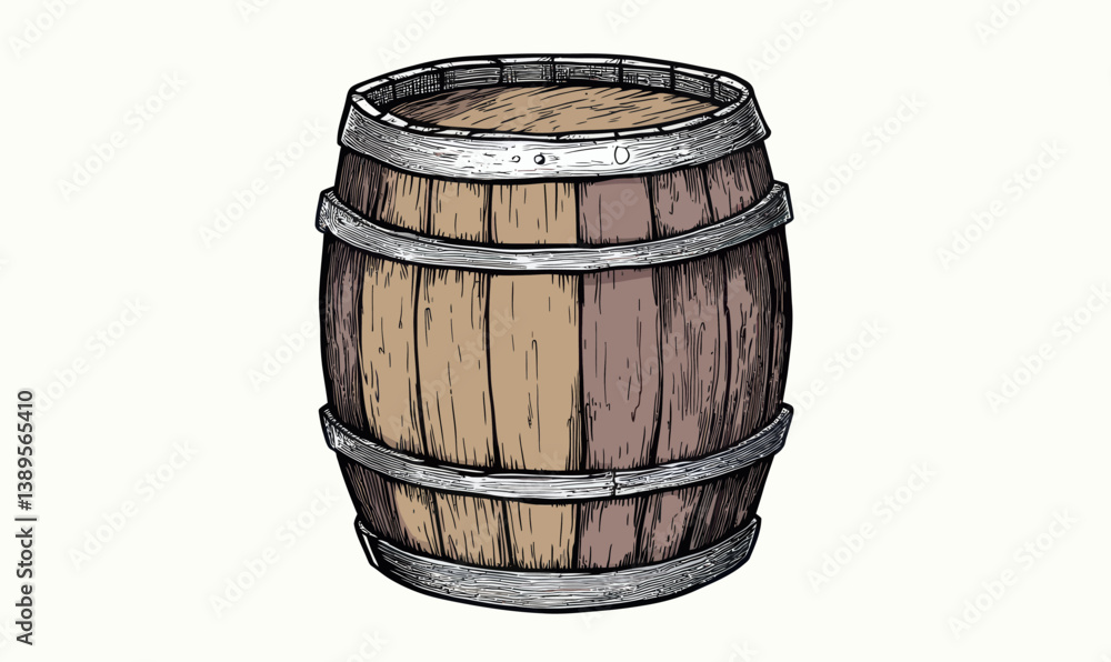 Fototapeta premium Rustic Wooden Barrel Hand Drawn Illustration in Minimalist Engraving Style SVG Vector