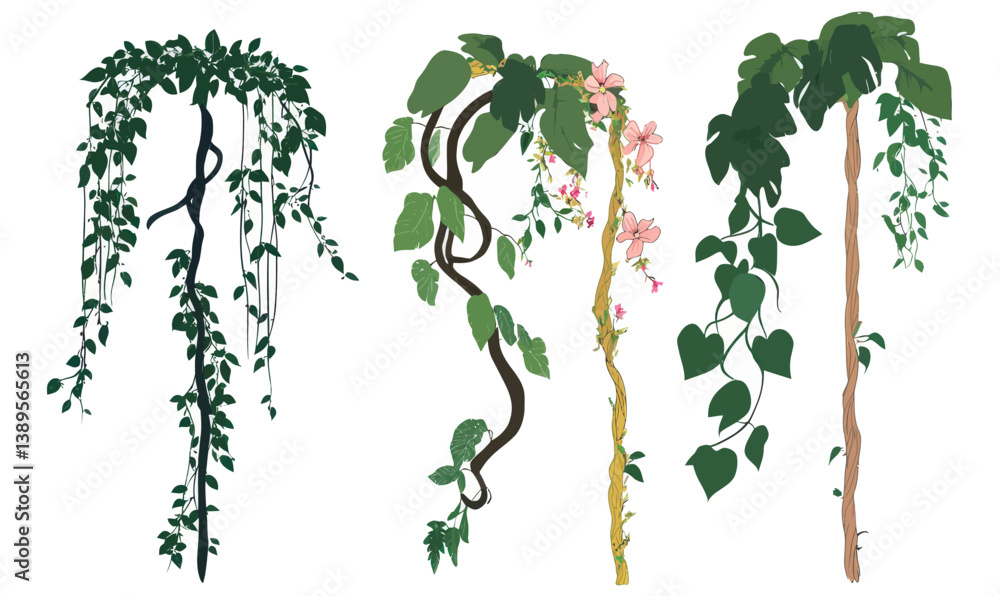 Naklejka premium Minimalist Vector Illustration of Twisted Jungle Liana Climber with Blossoms and Foliage