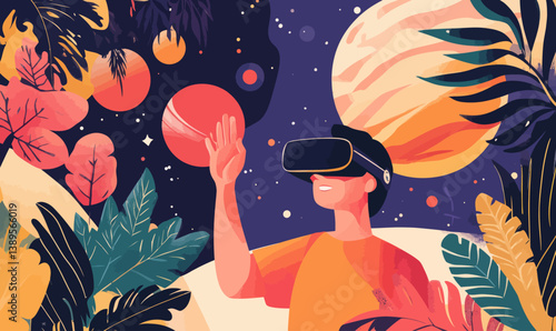 Virtual Reality Explorer in Outer Space Vector Art with Planets and Foliage