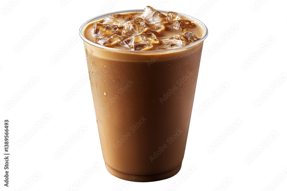 Refreshing iced mocha perfect summer treat in a clear plastic cup with ice cubes studio shot Refreshing iced mocha perfect summer treat in a clear plastic cup with ice cubes studio shot