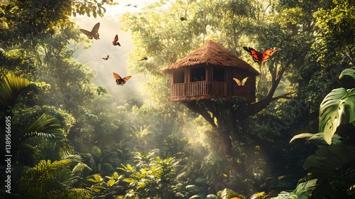 Fototapeta Naklejka Na Ścianę i Meble -  Lush jungle treehouse with butterflies