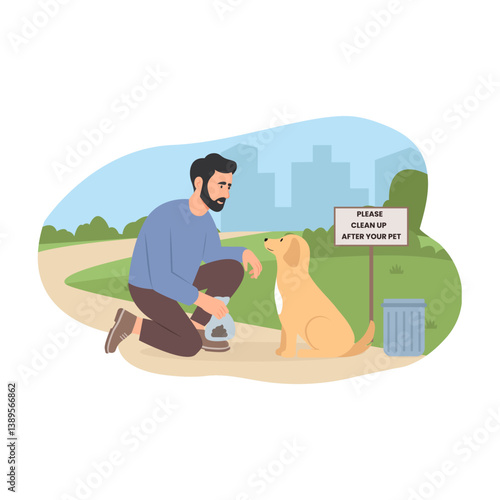 person cleaning excrement in a plastic bag.Vector Illustration