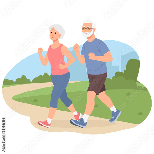 Senior couple running outdoor street and park. Fitness, wellness or healthy lifestyle. Elderly people exercise, workout or jogging. Vector Illustration