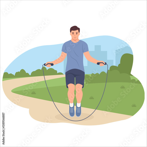 Man jumping with skipping rope outdoors street and park. Athlete during cardio workout, endurance training. Flat vector illustration