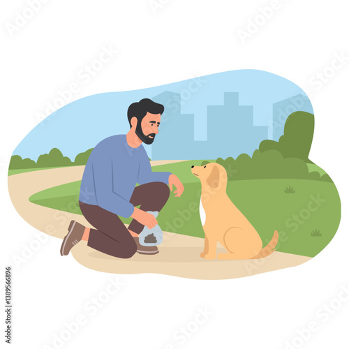 person cleaning excrement in a plastic bag.Vector Illustration