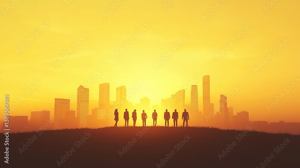 Obraz premium Businesspeople Silhouette Against Vibrant City Skyline at Sunset