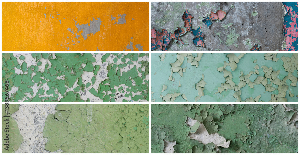 Set of peeling paint textures. Old concrete walls with cracked flaking paint. Weathered rough painted surfaces with patterns of cracks and peeling. Collection of panoramic backgrounds for design.