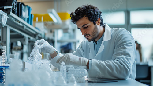 A materials scientist developing 3D printed biodegradable plastics, lab with 3D printers, plastic samples