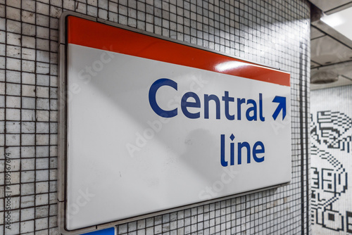 Photography Central Line directional sign on tiled wall in London Underground station