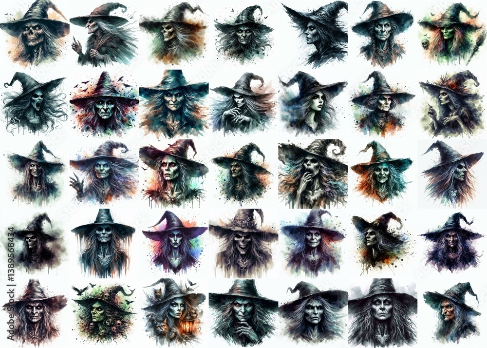 Witch nightmare portrait. Watercolor drawing. AI generated illustration