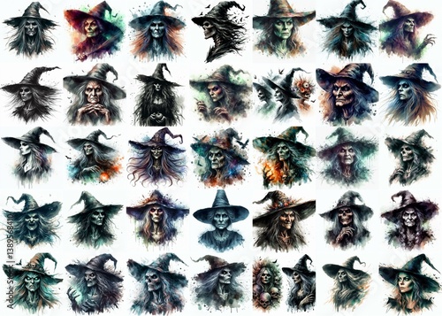 Witch nightmare portrait. Watercolor drawing. AI generated illustration