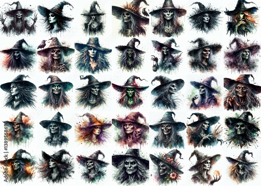 Witch nightmare portrait. Watercolor drawing. AI generated illustration