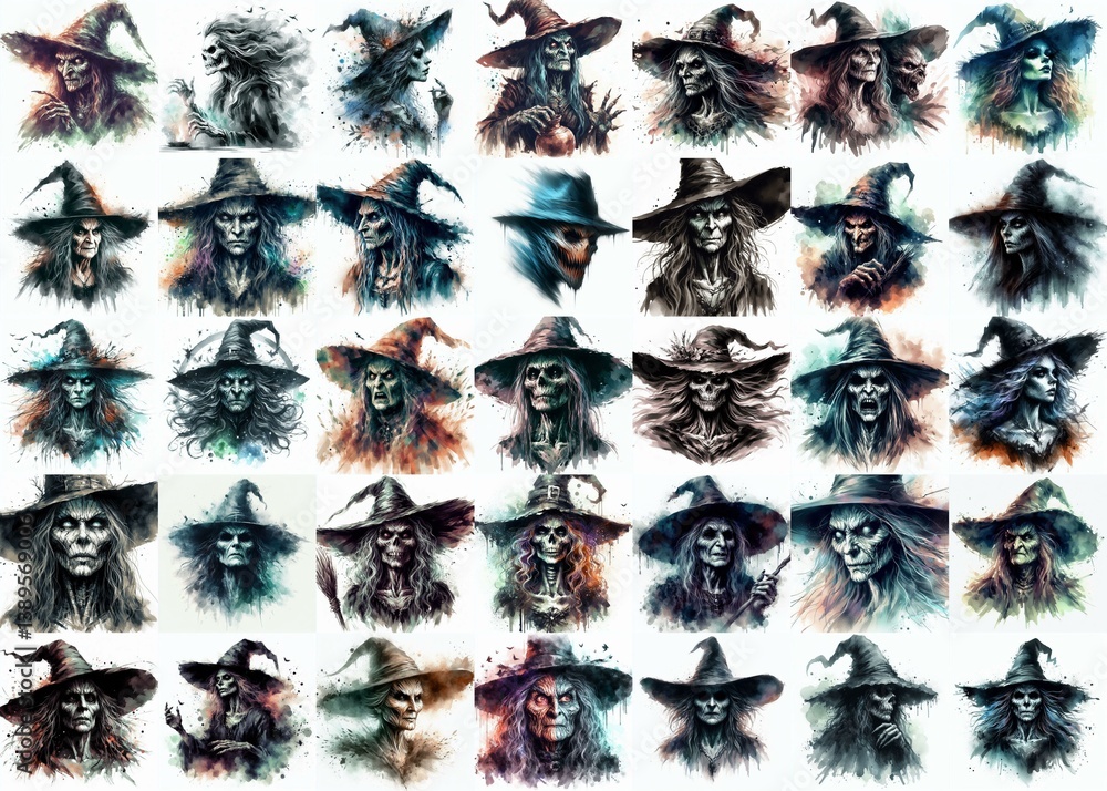 Witch nightmare portrait. Watercolor drawing. AI generated illustration