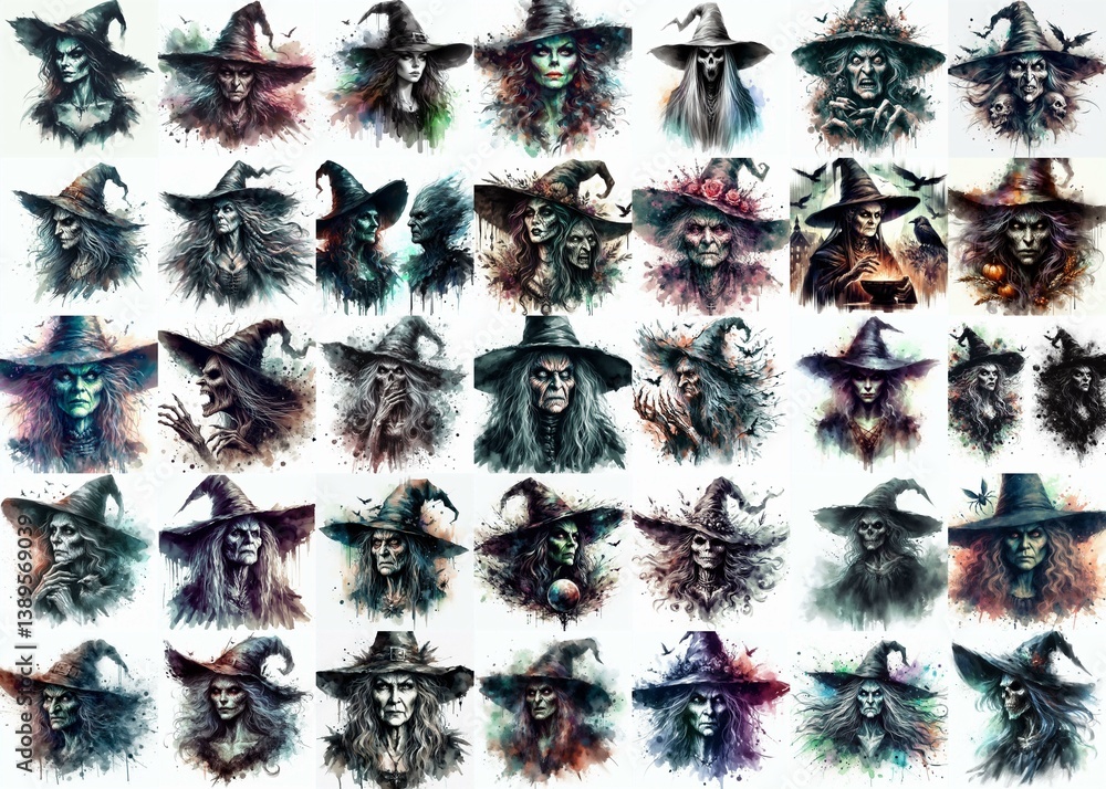 Witch nightmare portrait. Watercolor drawing. AI generated illustration