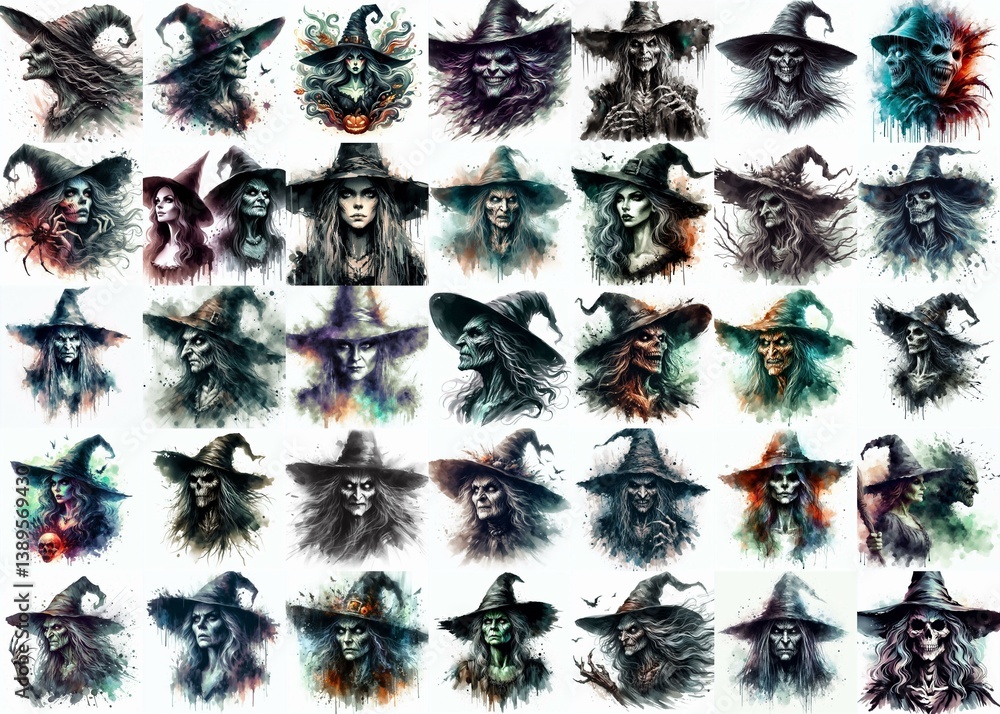 Witch nightmare portrait. Watercolor drawing. AI generated illustration