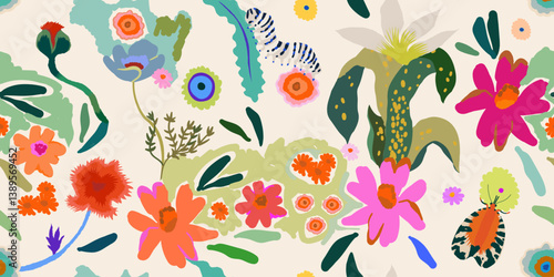 Vibrant bright flower garden pattern. Dynamic hand drawn botanical print. Fashionable template for design. 