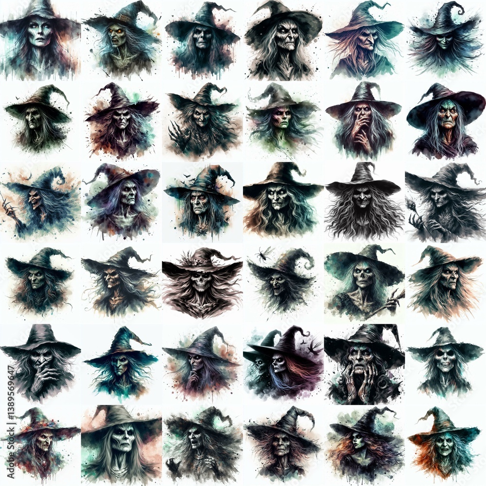 Witch nightmare portrait. Watercolor drawing. AI generated illustration