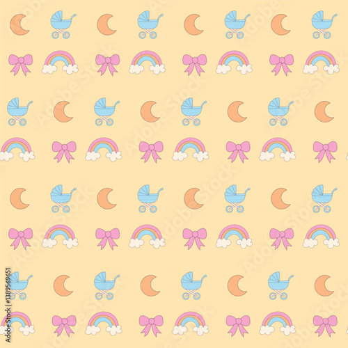 Funny Cute Baby Clothing Textile Seamless Swatch Background. Hand Drawn Doodle Infant Fabric Pattern. Cute Kawaii Whimsical Wrapping, Wallpaper Nursery Design. Vintage Elegant Retro Style. Nappy Cover