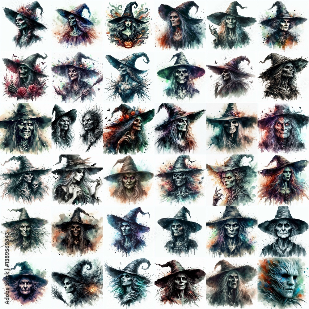 Witch nightmare portrait. Watercolor drawing. AI generated illustration