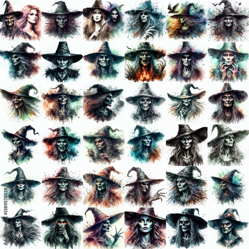 Witch nightmare portrait. Watercolor drawing. AI generated illustration