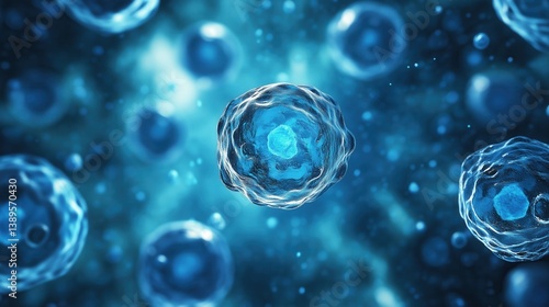 Wallpaper Mural High-Resolution Microscopic Image of Individual Blue Cells with Dynamic Cellular Structures Set Against a Blurred Aqua Background, Evoking a Sense of Futuristic Biotechnological Exploration Torontodigital.ca