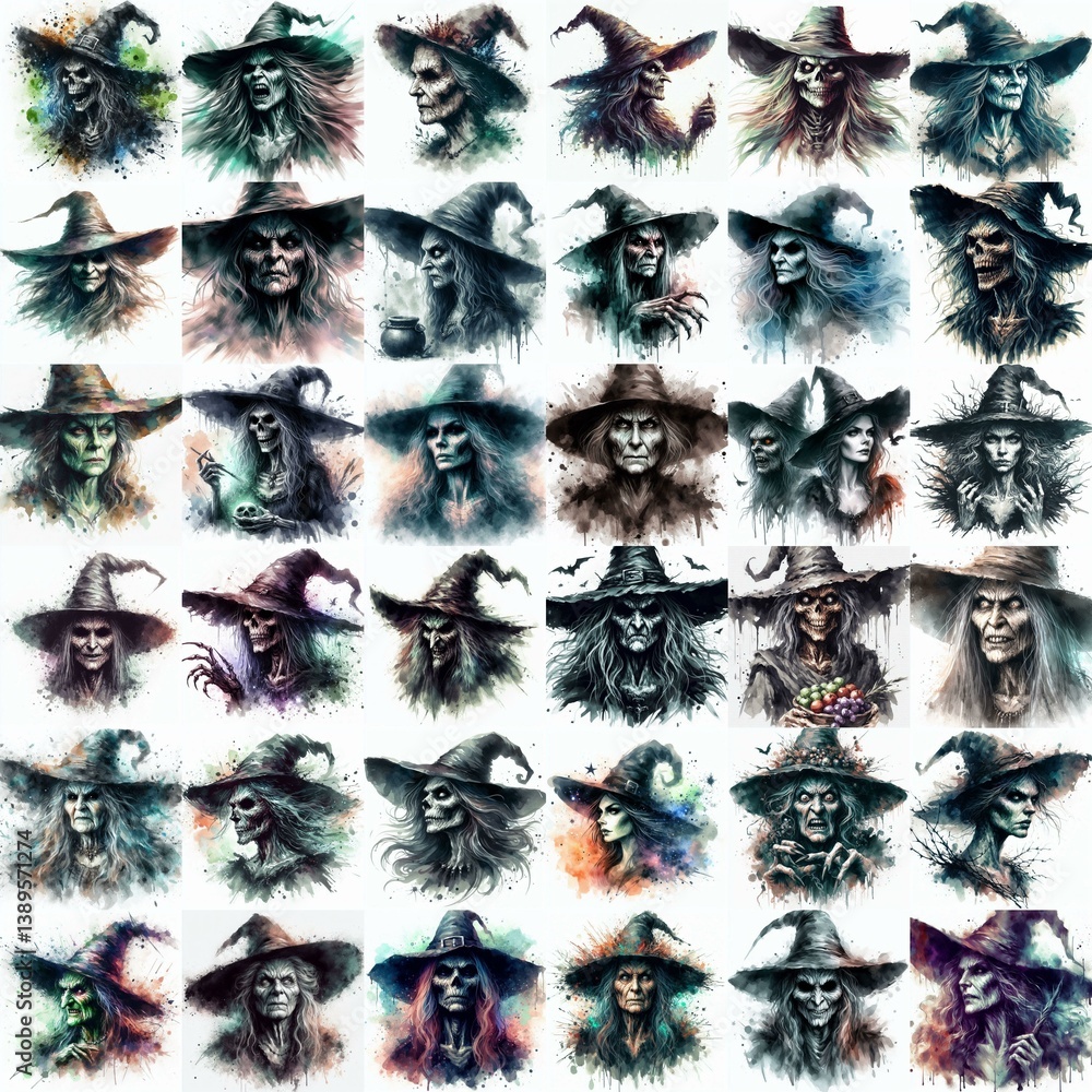 Witch nightmare portrait. Watercolor drawing. AI generated illustration