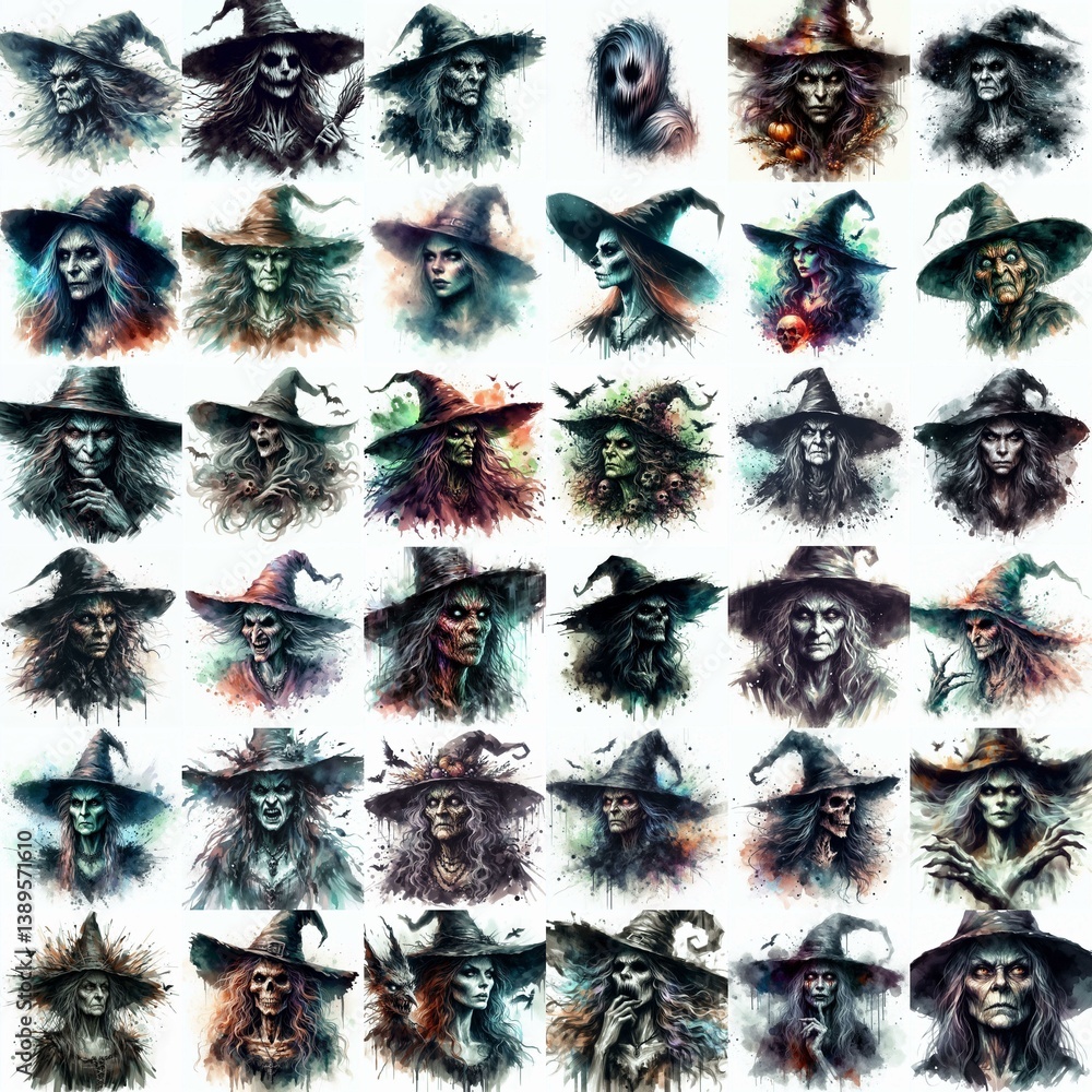 Witch nightmare portrait. Watercolor drawing. AI generated illustration